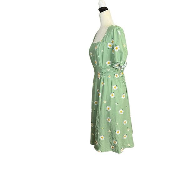 Belle Poque A Line Fit & Flare Green Daisy Midi Dress Womens XL Pockets Smocked - Picture 3 of 9